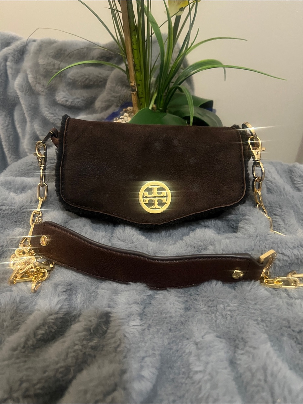 Tory Burch Dark Brown Suede and Shearing Mini Shoulder Bag with Gold Logo GUC